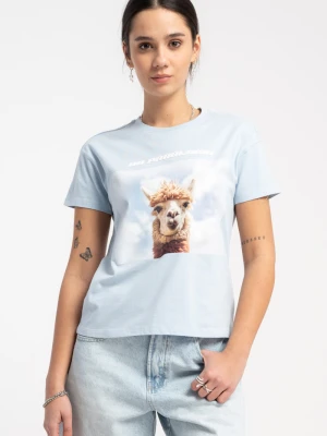 Błękitny t-shirt z autorską grafiką z przodu Reporter