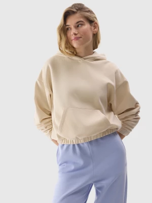 Bluza dresowa nierozpinana z kapturem z bawełną organiczną damska - kremowa 4F