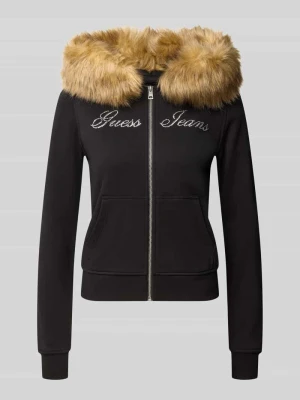 Bluza dresowa w kroju slim fit z czystej bawełny ze sztucznym futrem Guess Czarny