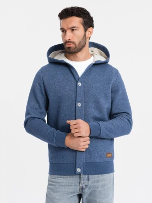 Bluza męska dresowa z kapturem zapinana na guziki – granatowy melanż V1 Ombre Clothing
