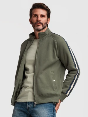 Bluza męska dresowa z wysokim kołnierzem i lampasami – oliwkowa V2 - Rozmiar: XXL Ombre Clothing zielony