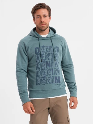 Bluza męska kangurka nierozpinana z kapturem i nadrukiem - turkusowa V2 Ombre Clothing