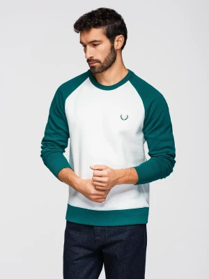 Bluza męska kontrastowa z reglanowym rękawem - kremowo-ciemnozielona V1 Ombre Clothing