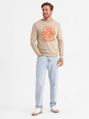 Bluza męska nierozpinana z nadrukiem collegowym - piaskowa V1 - Rozmiar: S Ombre Clothing
