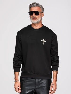 Bluza męska z aplikacją krzyża ze srebrnych kamieni z okrągłym dekoltem - czarna V1 Ombre Clothing