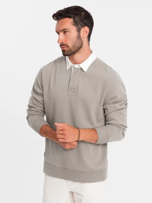 Bluza męska z białym kołnierzykiem polo - ciemnobeżowa V2 - Rozmiar: S Ombre Clothing