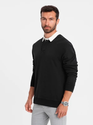 Bluza męska z białym kołnierzykiem polo - czarna V6 - Rozmiar: M Ombre Clothing