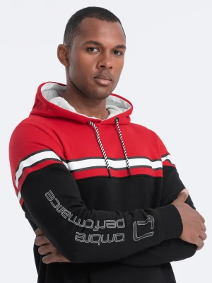 Bluza męska z kapturem trzykolorowa - czerwona V3 - Rozmiar: S Ombre Clothing