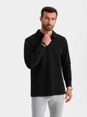 Bluza męska z kołnierzykiem polo ze strukturalnej dzianiny - czarna V8 - Rozmiar: L Ombre Clothing