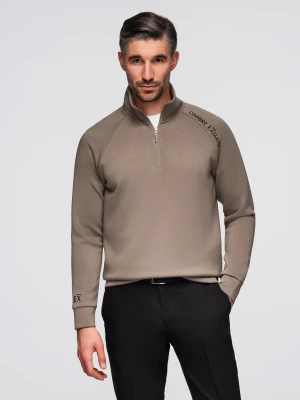 Bluza męska z kontrastowym nadrukiem i rozpinaną wysoką stójką – szarobrązowa V3 - Rozmiar: XXL Ombre Clothing