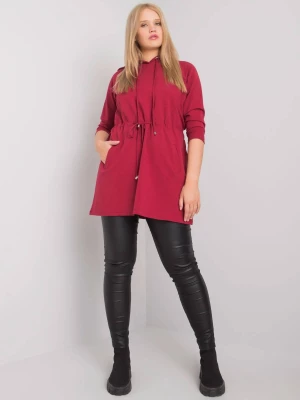 Bluza plus size bordowy casual wkładane przez głowę z kapturem kaptur rękaw 3/4 kieszenie Relevance