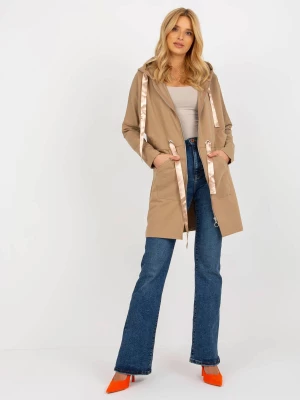 Bluza plus size camelowy casual kaptur rękaw długi długość długa troczki kieszenie suwak Merg selection