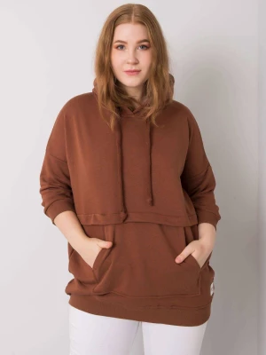 Bluza plus size ciemny brązowy casual wkładane przez głowę z kapturem dekolt okrągły rękaw 3/4 długość długa troczki kieszenie Relevance