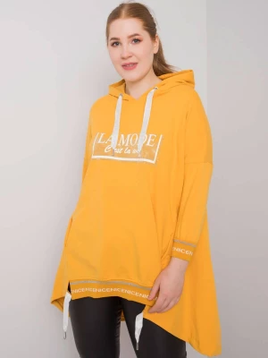 Bluza plus size ciemny żółty casual wkładane przez głowę z kapturem dekolt okrągły rękaw 3/4 dżety Relevance