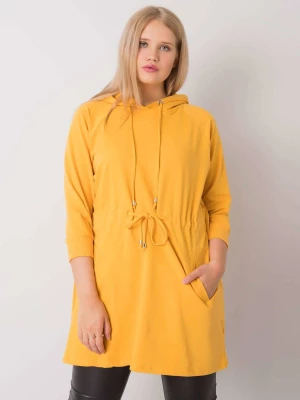 Bluza plus size ciemny żółty casual wkładane przez głowę z kapturem kaptur rękaw 3/4 kieszenie Relevance