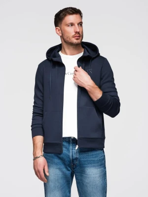 Bluza rozpinana męska z kapturem z gładkiej dzianiny - granatowa V4 - Rozmiar: XL Ombre Clothing ciemnoniebieski