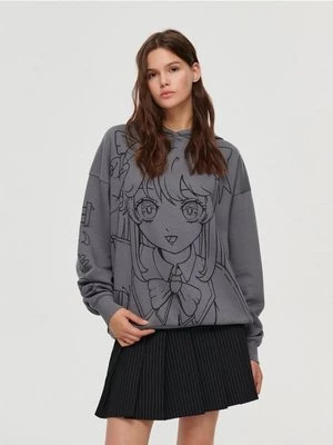 Bluza z kapturem i nadrukiem w stylu anime szara House