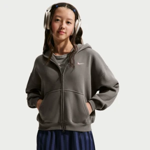 Bluza z kapturem i zamkiem na całej długości o kroju oversize dla dużych dzieci (dziewcząt) Nike Studio Fleece - Szary