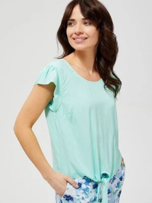 Bluzka damska koszulowa na krótki rękaw z ozdobnym wiązaniem - miętowa Moodo