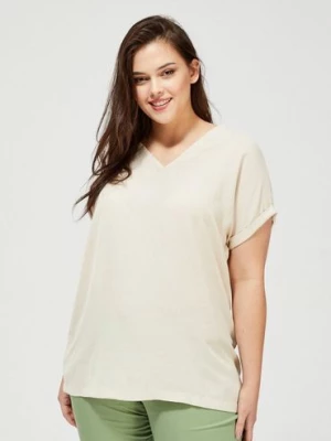 Bluzka damska koszulowa oversize dekolt w serek beżowa Moodo