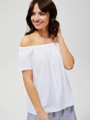 Bluzka damska koszulowa z ozdobnymi rękawami biała Moodo