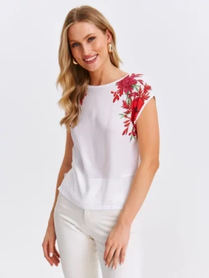 Biała bluzka damska z kwiatowym nadrukiem na ramionach TOP SECRET
