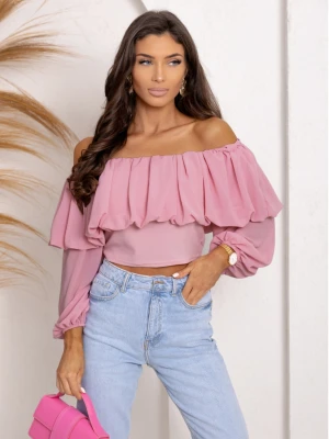 Bluzka hiszpanka z szyfonową falbaną VISJA - pudrowy róż  magmac 