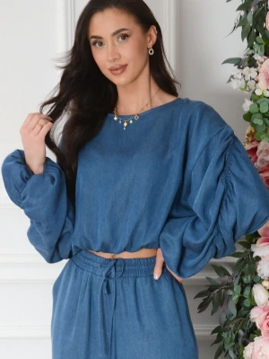 Bluzka jeans z drapowanymi rękawami indygo City Roco