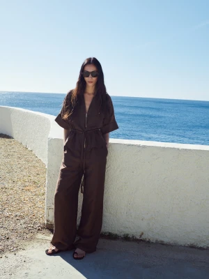 Bluzka lniana z paskiem brązowy - Kobieta - - MANGO