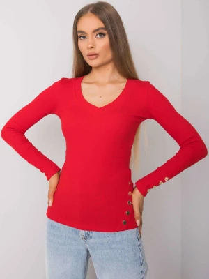 Bluzka longsleeves czerwony casual dopasowana dekolt w kształcie V rękaw długi guziki materiał prążkowany Merg