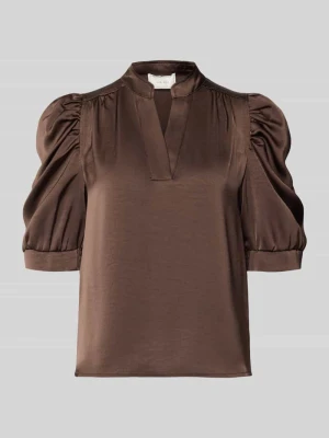 bluzka o kroju regular fit z satyny z bufiastymi rękawami model 'Roella' NEO NOIR Ciemnobrązowy