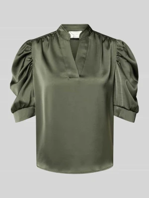 bluzka o kroju regular fit z satyny z bufiastymi rękawami model 'Roella' NEO NOIR Ciemnozielony