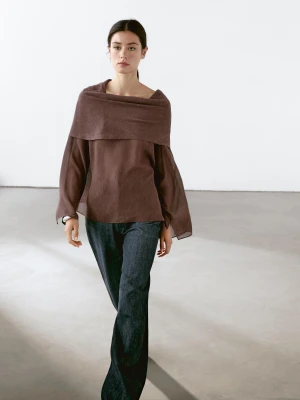 Bluzka W Stylu Peleryny Z Mieszanki Lnu - Brązowy - - Massimo Dutti - Kobieta