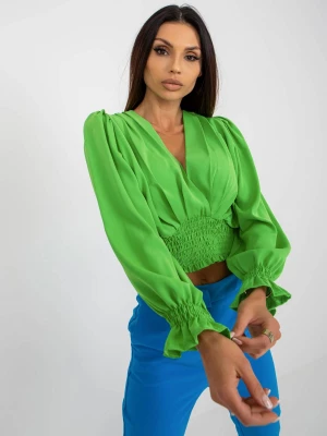 Bluzka wizytowa jasny zielony elegancki elegancka dekolt w kształcie V rękaw długi długość krótka marszczenia bufiasty falbana Merg