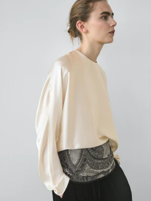 Bluzka Z 100% Jedwabiu Z Krótkim Nietoperzowym Rękawem − Studio - Surowy - - Massimo Dutti - Kobieta