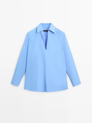 Bluzka Z Bawełnianej Popeliny Z Dekoltem W Serek - Indygo - Massimo Dutti - Female