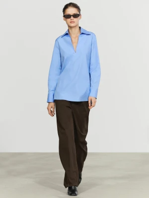 Bluzka Z Bawełnianej Popeliny Z Dekoltem W Serek - Indygo - Massimo Dutti - Female