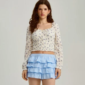 Bluzka z bufiastym rękawem biała w kwiatki House