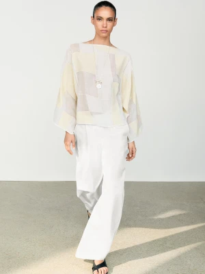 Bluzka Z Dekoltem Łódka We Wzór Patchwork - Biały Złamany - Massimo Dutti - Female