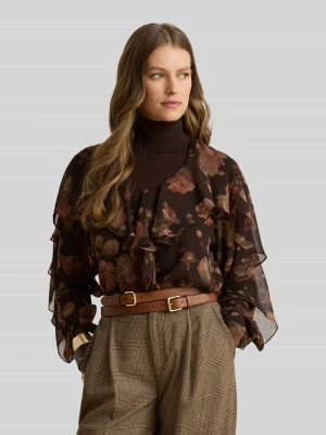 bluzka z długim rękawem o kroju regular fit z rękawami z falbanami Lauren Ralph Lauren Średniobrązowy