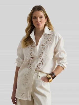Bluzka z długim rękawem o kroju relaxed fit z haftem angielskim Lauren Ralph Lauren Écru melanż
