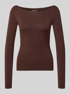bluzka z długim rękawem o kroju slim fit dekolt w łódkę REVIEW Ciemnobrązowy