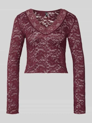 bluzka z długim rękawem o kroju slim fit w koronkowej siateczce model 'NIKKA' Only Bordowy