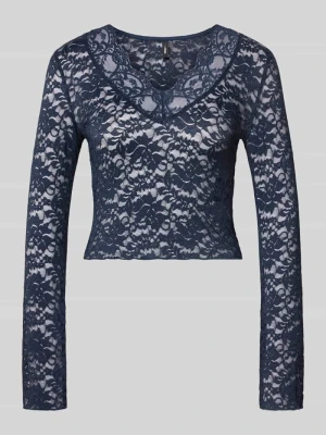 bluzka z długim rękawem o kroju slim fit w koronkowej siateczce model 'NIKKA' Only Ciemnoniebieski