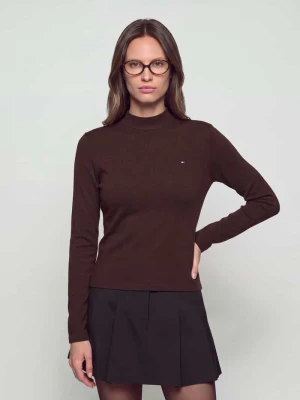 Bluzka z długim rękawem o kroju slim fit z czystej bawełny Tommy Hilfiger Ciemnobrązowy