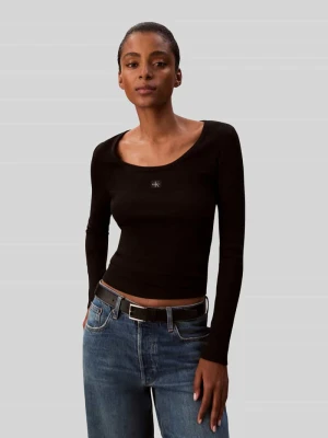 Bluzka z długim rękawem o kroju slim fit z mieszanki bawełny Calvin Klein Jeans Czarny