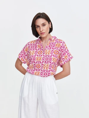 Bluzka z grafiką w kolorze różowo-pomarańczowym Top Secret