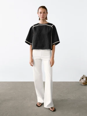 Bluzka Z Kontrastowym Haftem - Czarny - - Massimo Dutti - Kobieta