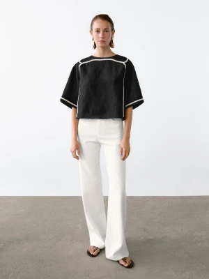 Bluzka Z Kontrastowym Haftem - Czarny - - Massimo Dutti - Kobieta