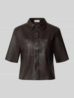 bluzka z krótkim rękawem o kroju slim fit w imitacji skóry model 'Feleather' Opus Ciemnobrązowy